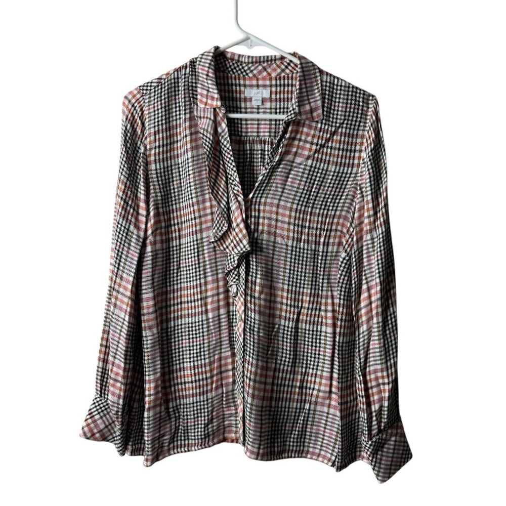 J Jill White Plaid Ruffle Button Front Long Sleeve Blouse